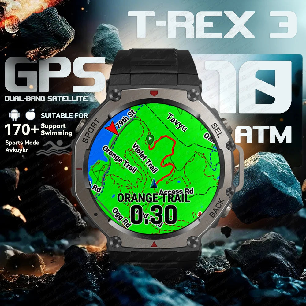 T-Rex3 2025 GPS Smartwatch – Military Style, 10ATM Waterproof