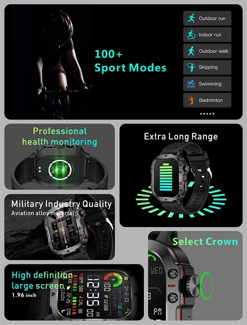 2025 Rugged Military Smartwatch – 2.01" HD Touch & Bluetooth Call