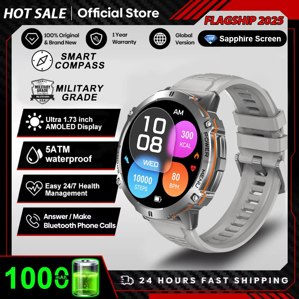 2025 Men’s GPS Smartwatch – 1.73" AMOLED Heart Rate Tracker