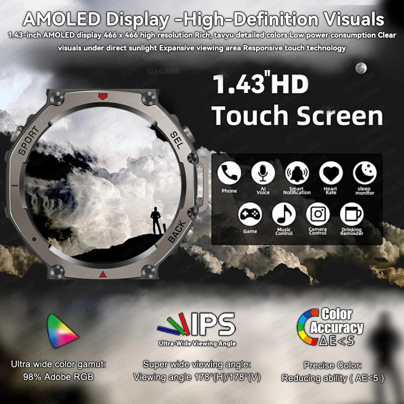 T-Rex3 2025 GPS Smartwatch – Military Style, 10ATM Waterproof