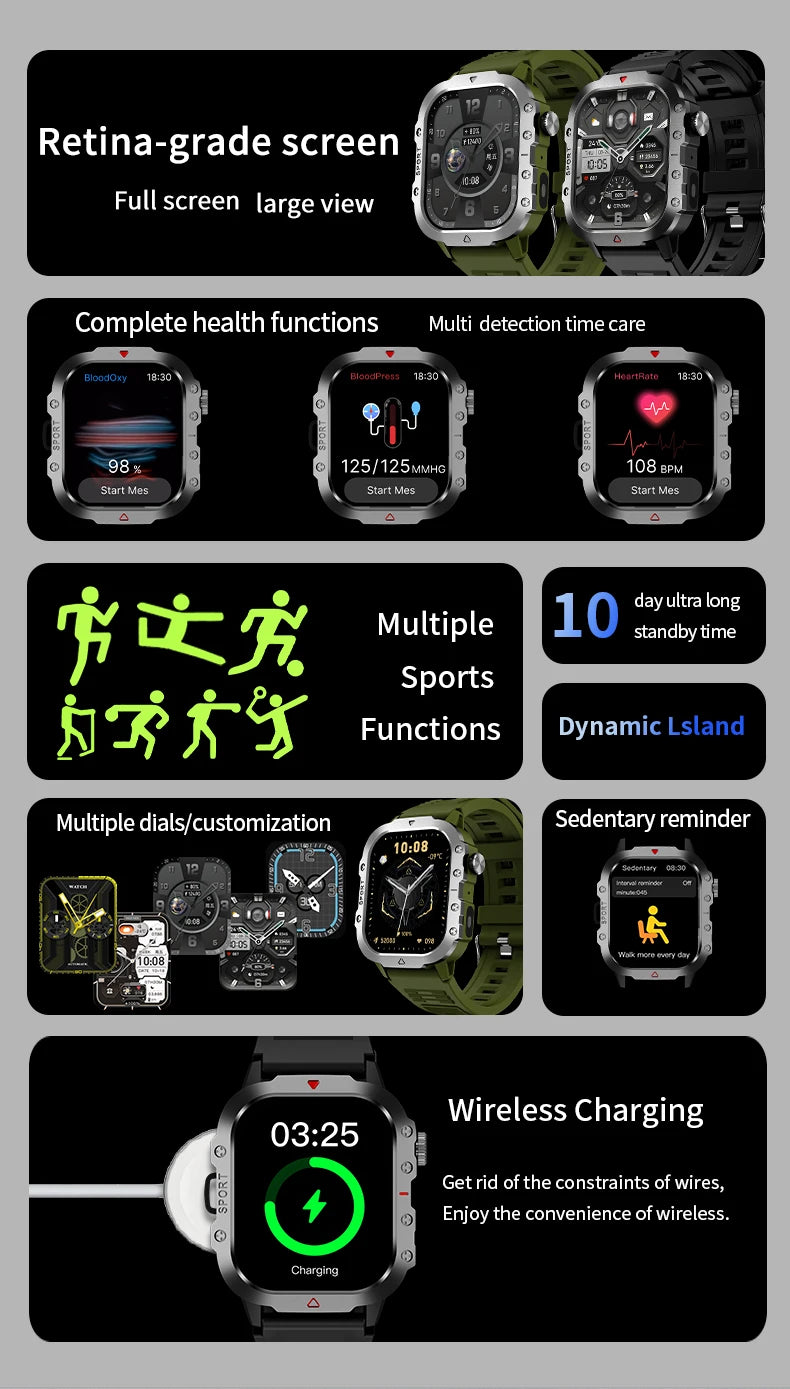 2025 Rugged Military Smartwatch – 2.01" HD Touch & Bluetooth Call