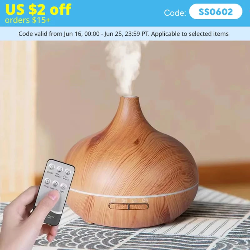 500ML Wood Grain Ultrasonic Aroma Diffuser – Humidifier with Remote
